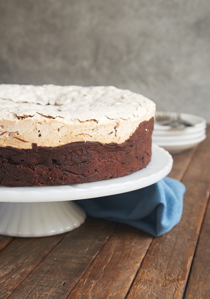 Chocolate Meringue Cake on a white cake stand