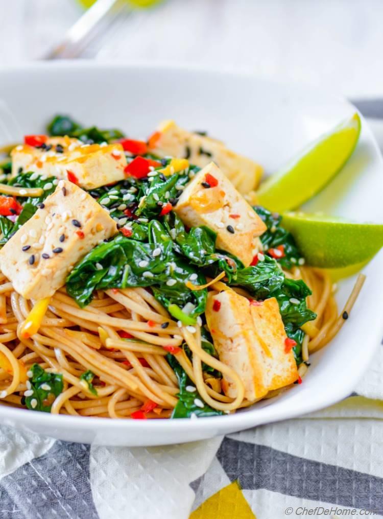 Vegan Meatless Monday Dinner of delicious and healthy Soba Noodles stir fry with spinach and coconut lime tofu 