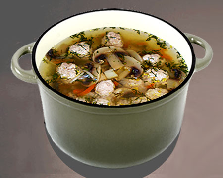 Грибной суп с фрикадельками в кастрюле
