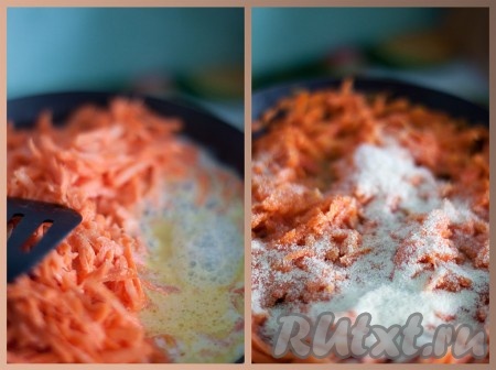 Натрите морковь на крупной терке, положите на сковороду с растопленным сливочным маслом, влейте молоко и тушите до готовности. Затем добавьте манную крупу, сахар и соль.