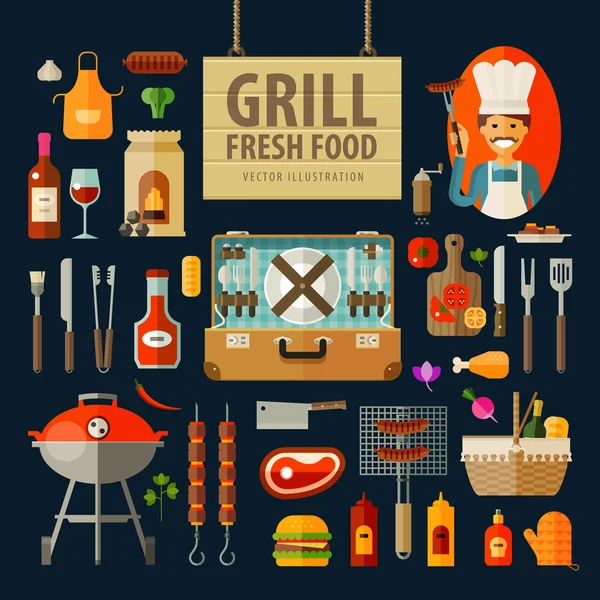 Grill, barbecue icons set. set of elements - chef, kitchen tools, suitcase, ketchup, charcoal, bottle of wine, apron, sausage, BBQ, skewer, skewers, knife, meat, sauce, picnic basket, bread Royalty Free Stock Illustrations