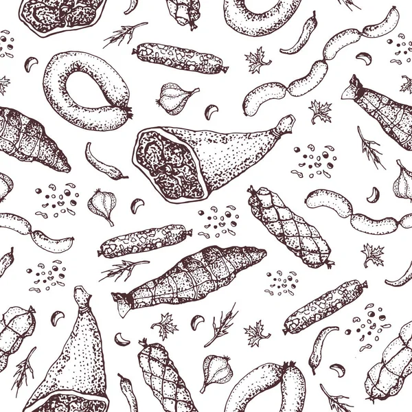 Meat product with spices seamless pattern. Food. Hand drawn. Ready sausage, bacon, sliced saveloy, sausage, spicy pepperoni, smoked sausages, stick of salami, baked meatloaf, frankfurters, ham, beaf. Royalty Free Stock Illustrations