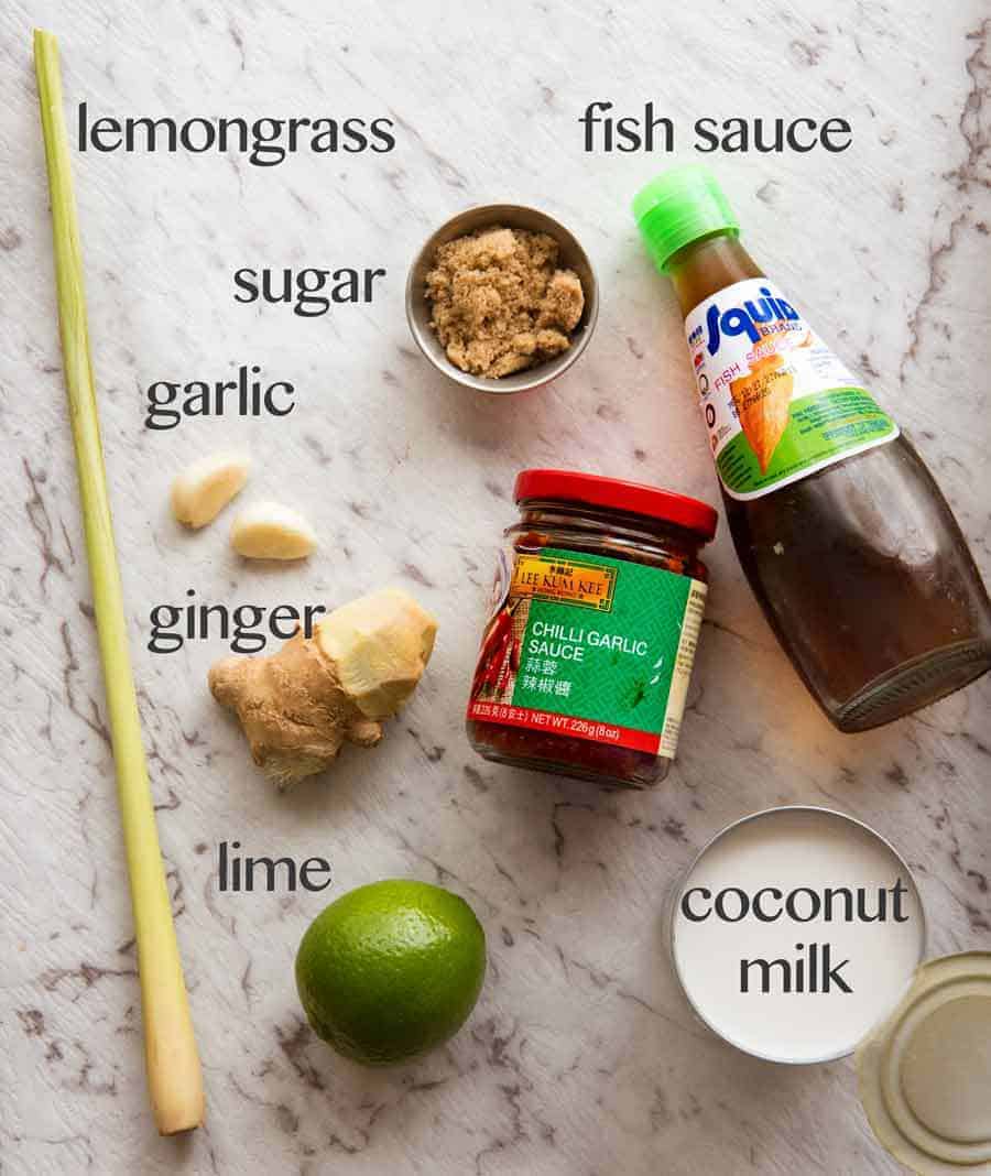 Ingredients to make Poached Salmon in Coconut Lime Sauce