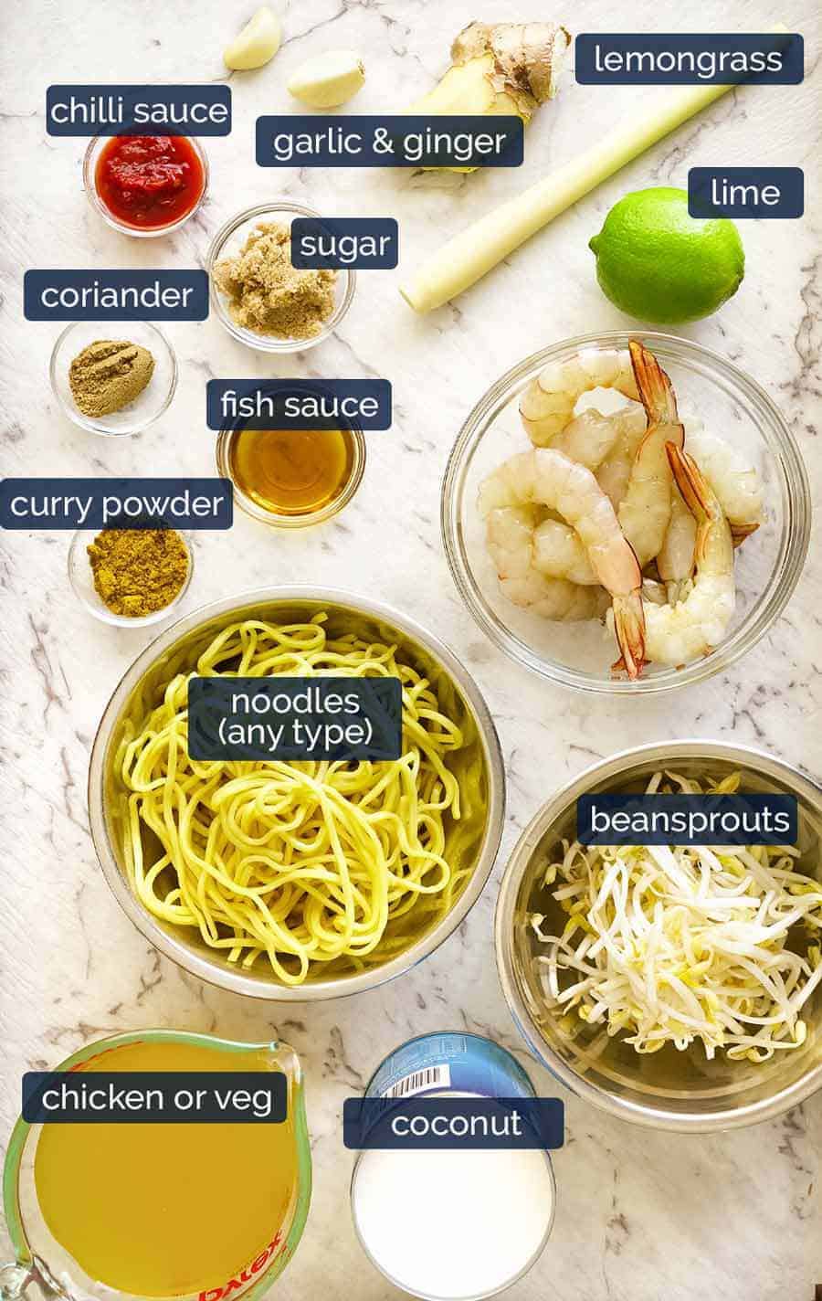 Thai Coconut Soup with Shrimp/Prawns and Noodles ingredients