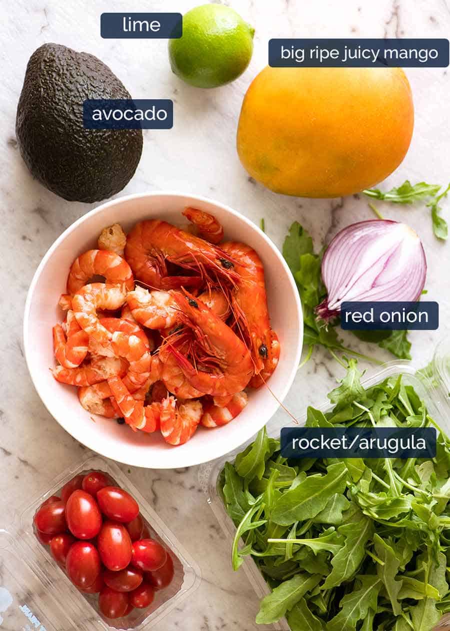Ingredients in Prawn Mango Avocado Summer Salad with Lime Dressing